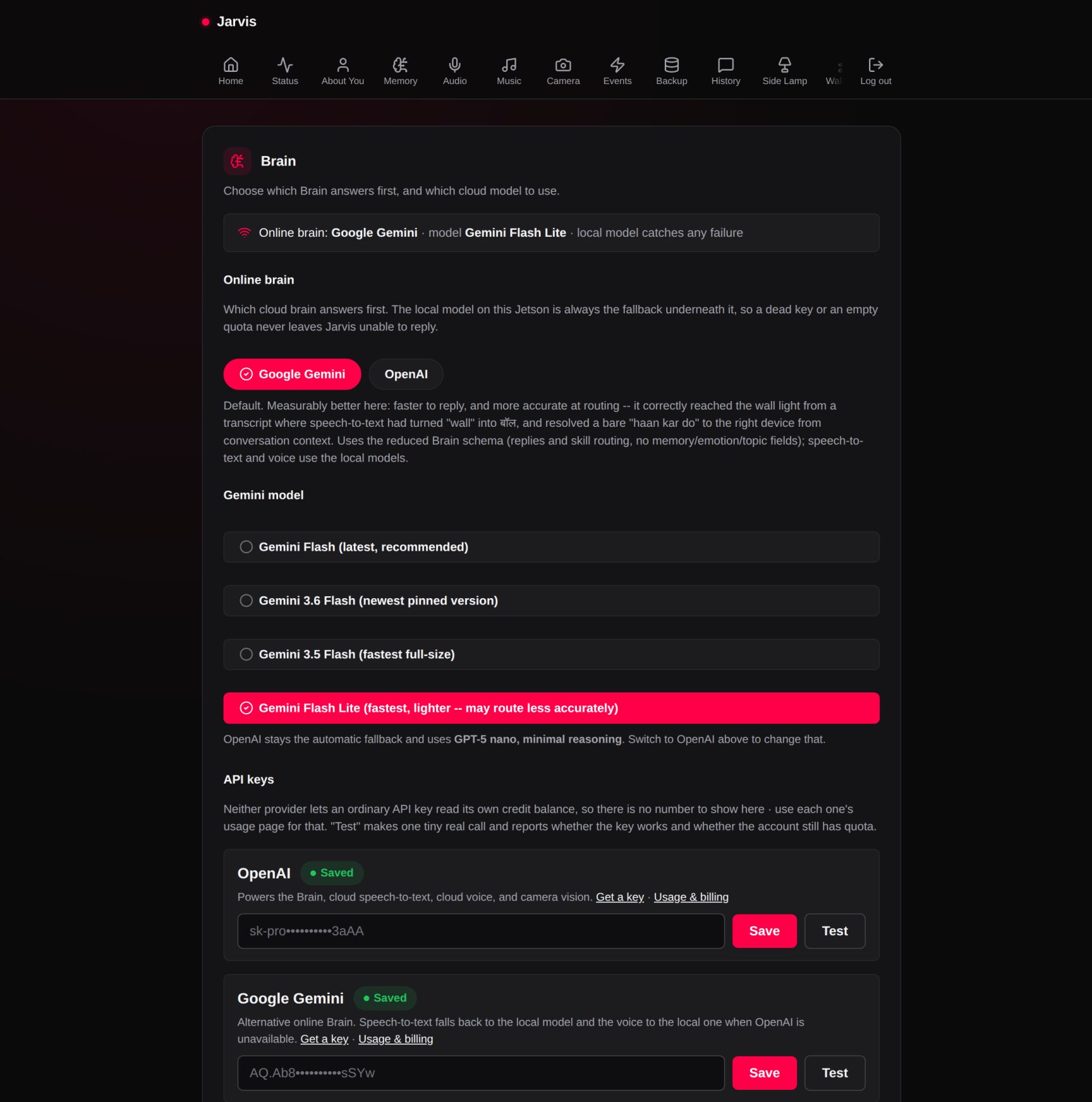 The Jarvis dashboard, Brain page