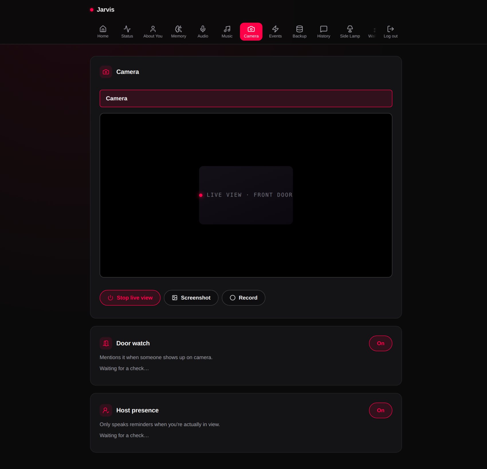 The Jarvis dashboard, Camera page