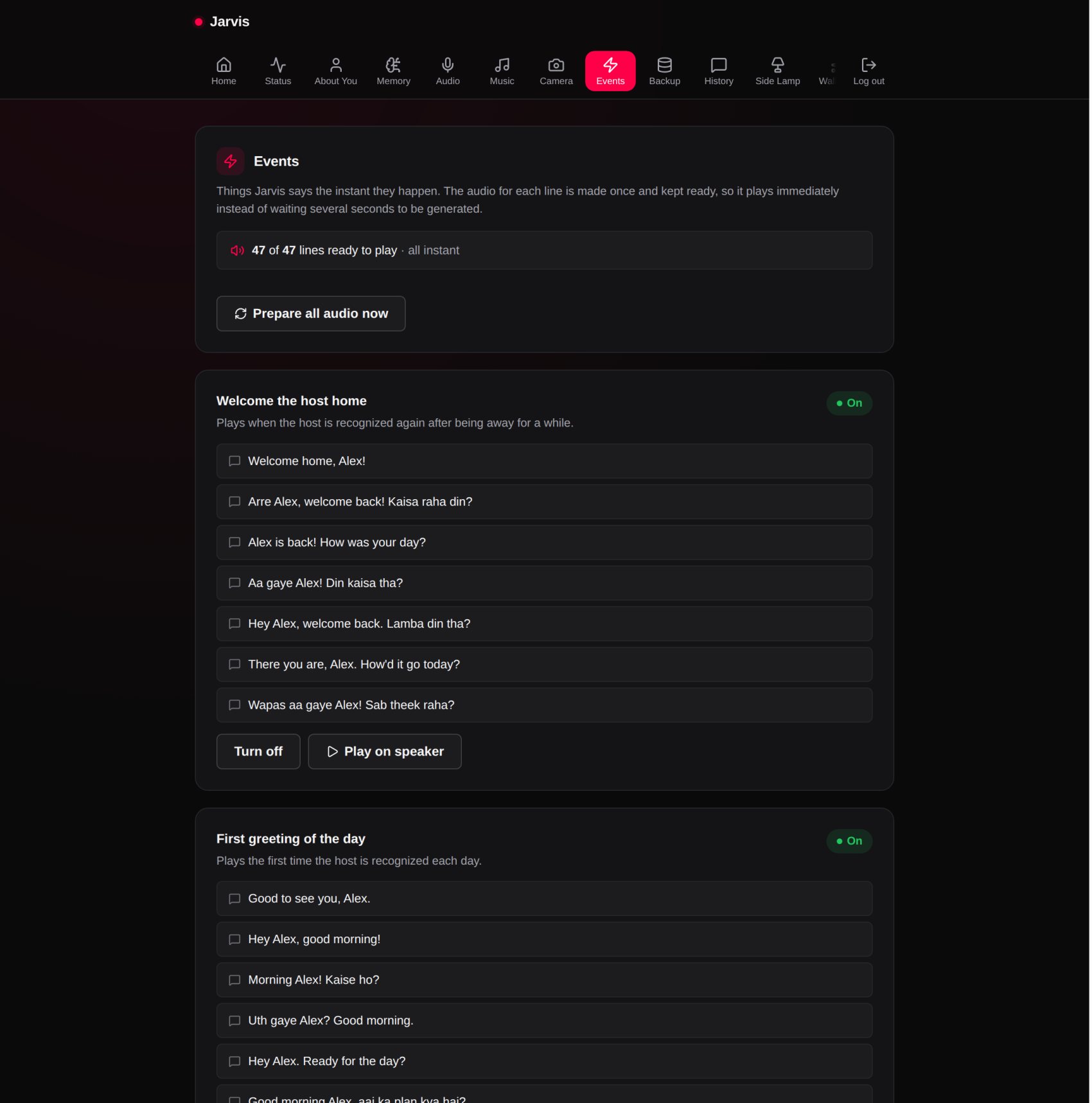 The Jarvis dashboard, Events page
