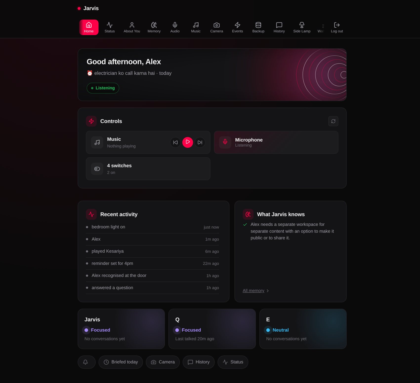 The Jarvis dashboard, Home page