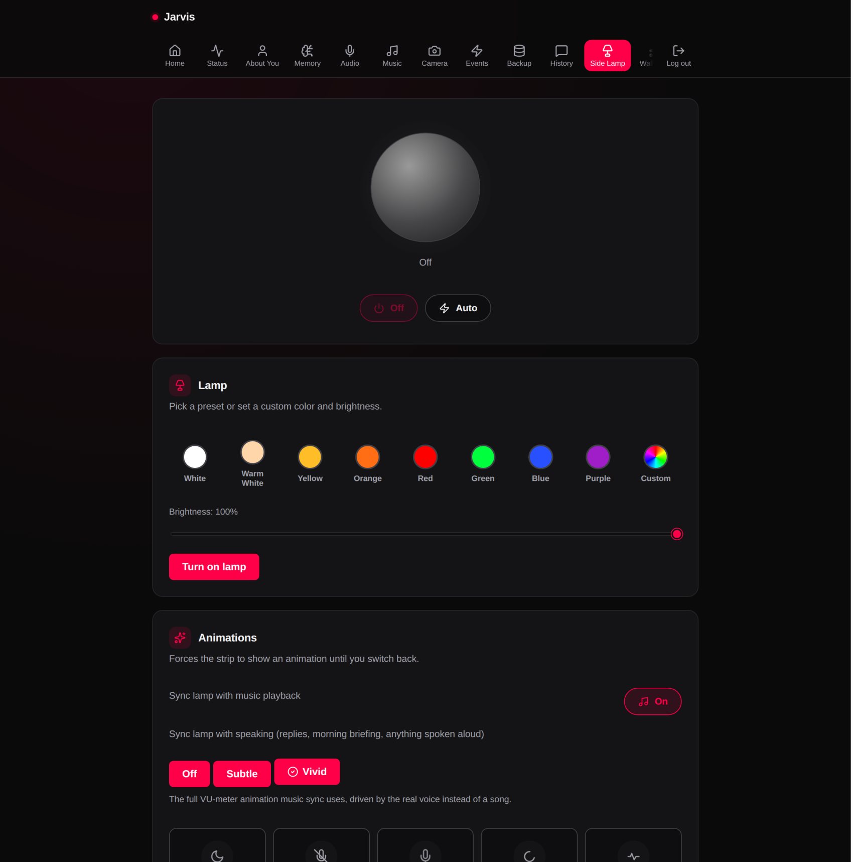 The Jarvis dashboard, Lamp page