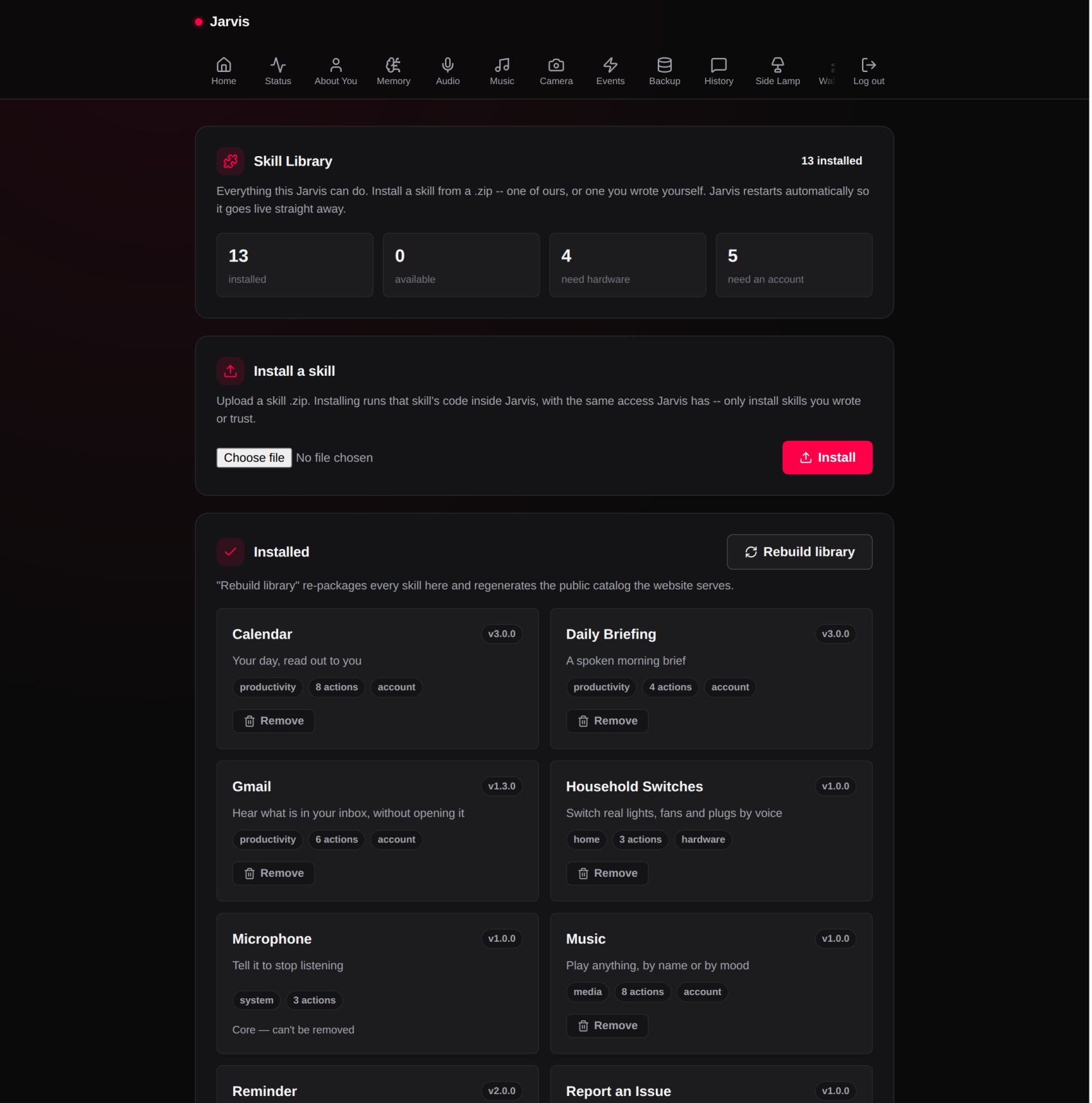 The Jarvis dashboard, Skills page