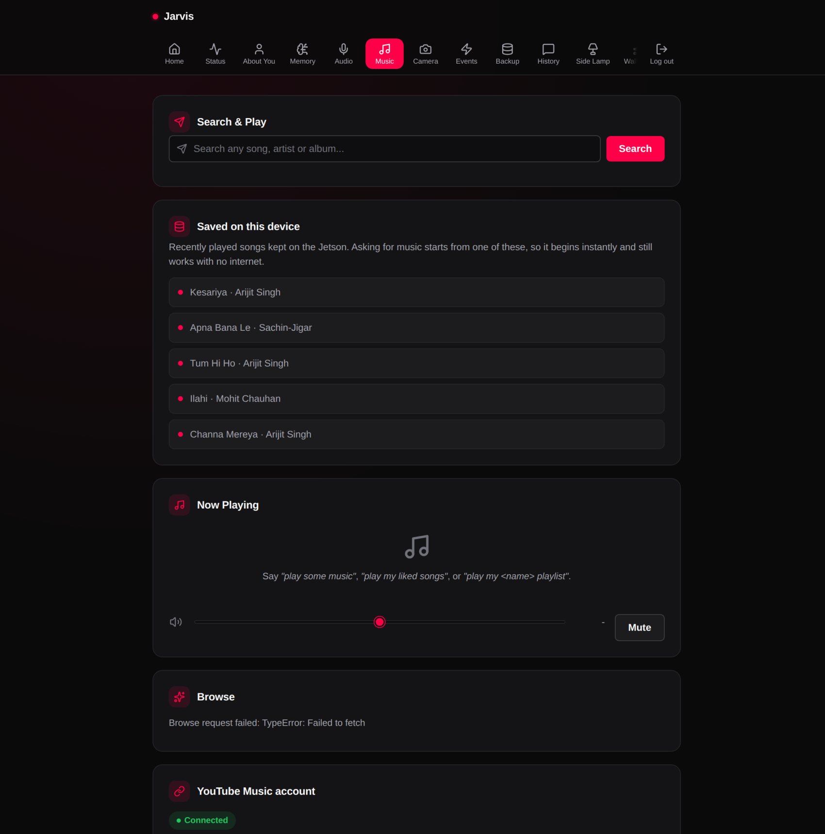 The Jarvis dashboard, Music page