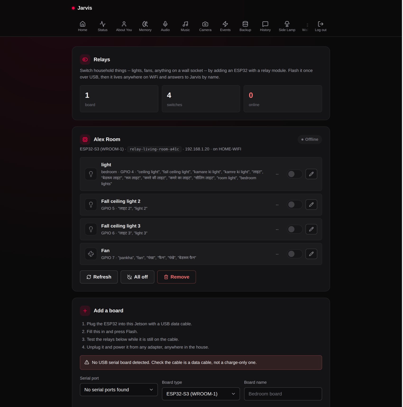 The Jarvis dashboard, Switches page