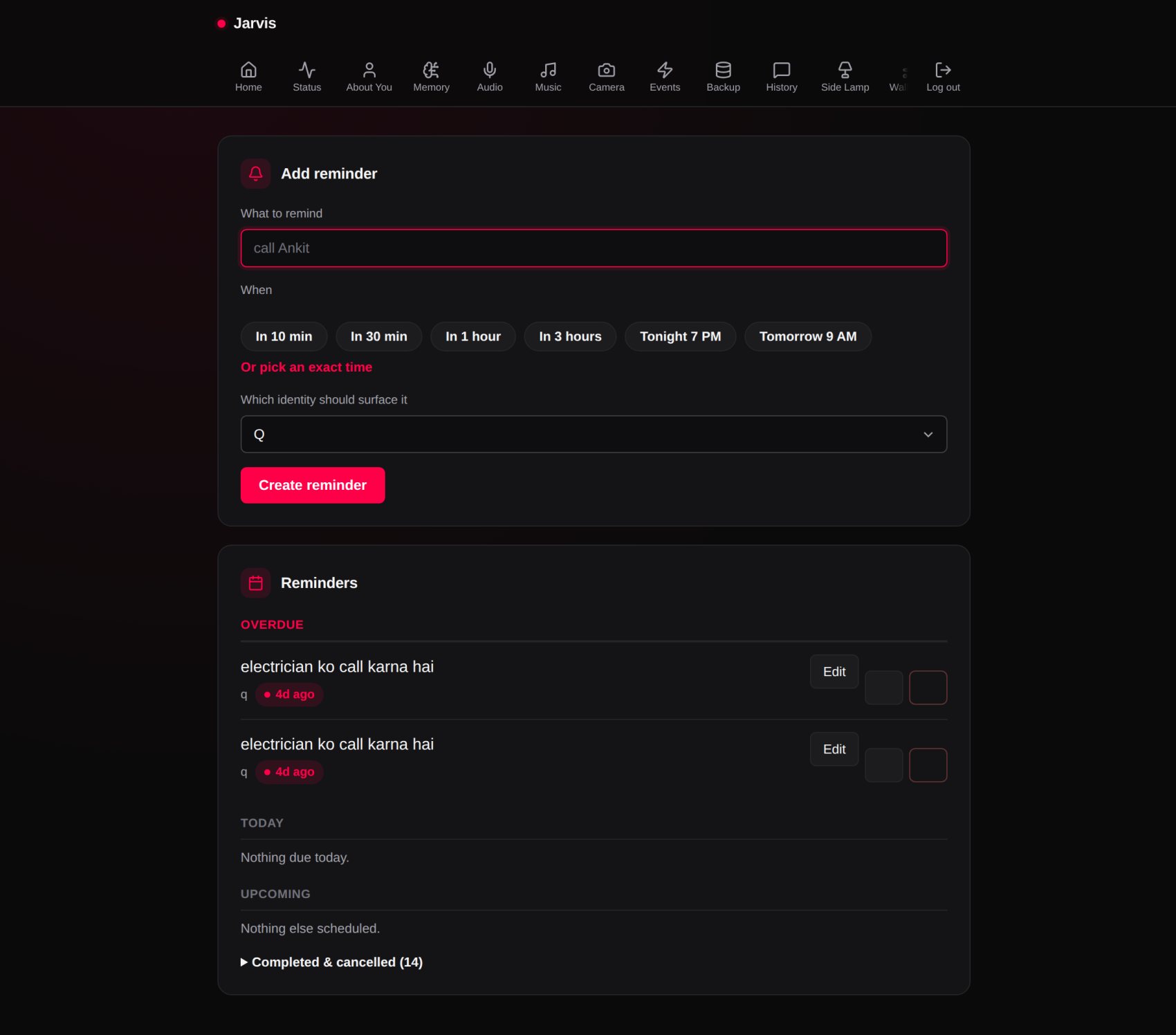 The Jarvis dashboard, Reminders page