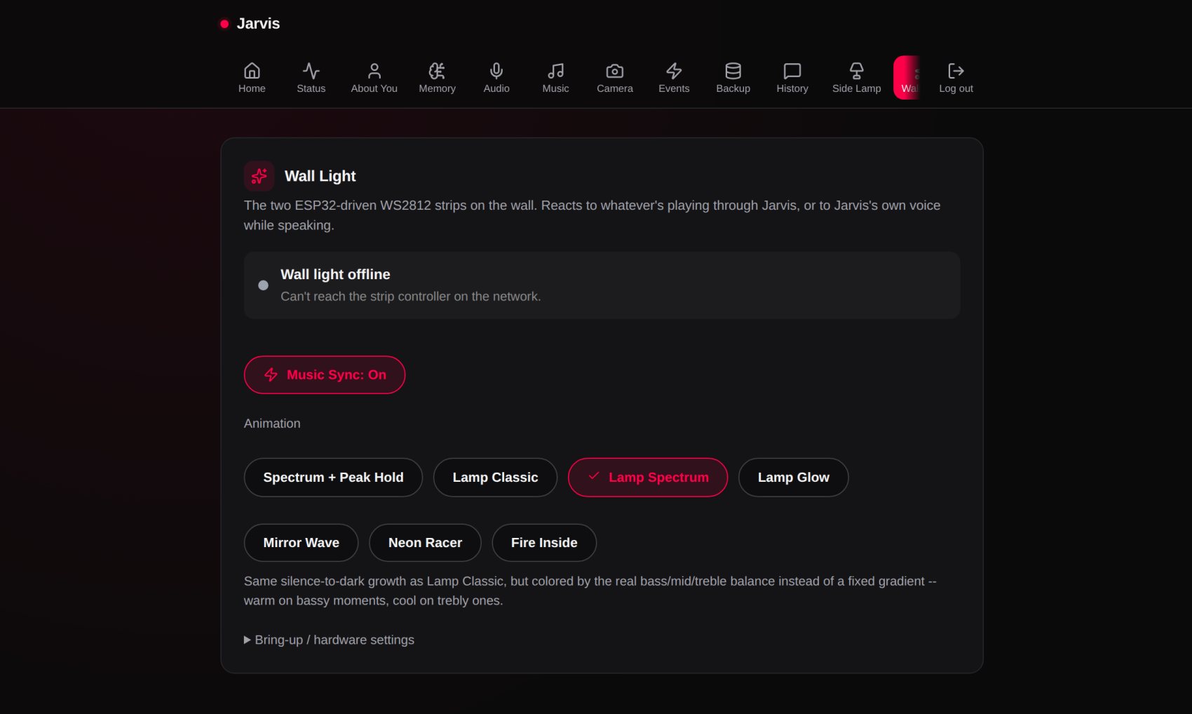 The Jarvis dashboard, Wall light page